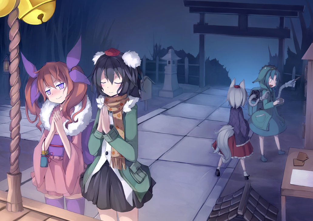 alternate_costume, animal_ears, arashiya, backpack, bag, bell, black_hair, blush