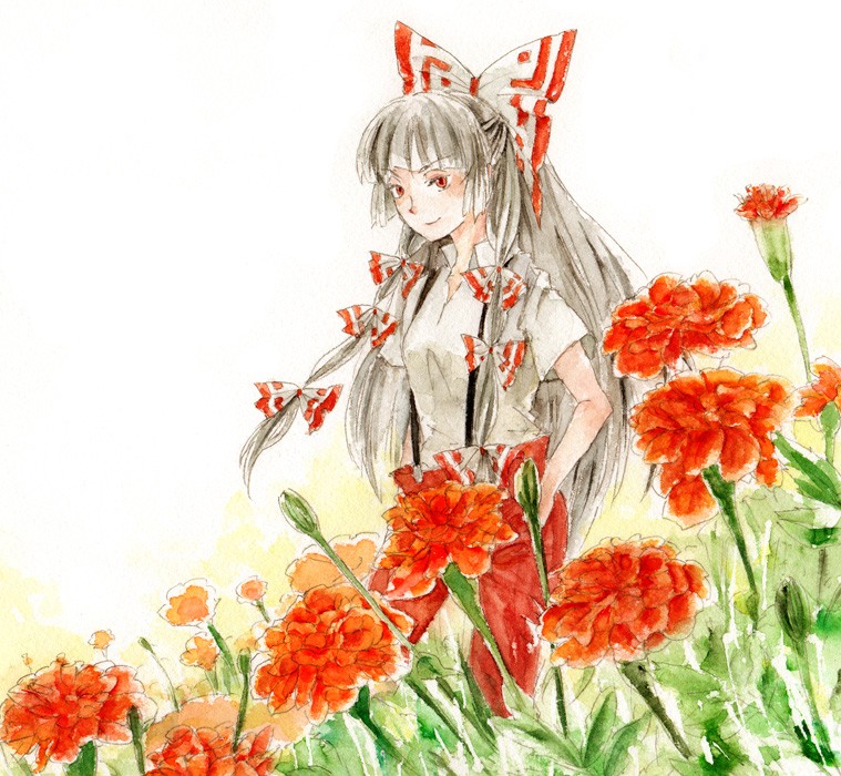 bow, flower, fujiwara_no_mokou, hair_bow, hair_ribbon, hands_in_pockets, long_hair, marigold