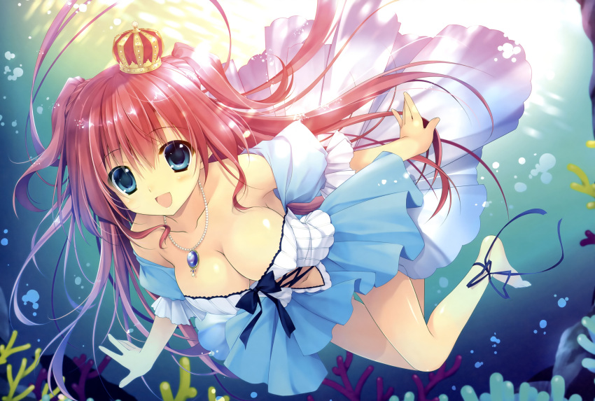barefoot, chikotam, cleavage, crown, dengeki_moeoh, dress, erect_nipples, necklace