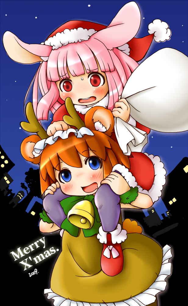 bear_ears, bell, blue_eyes, blush, brown_hair, bunny_ears, christmas, hat