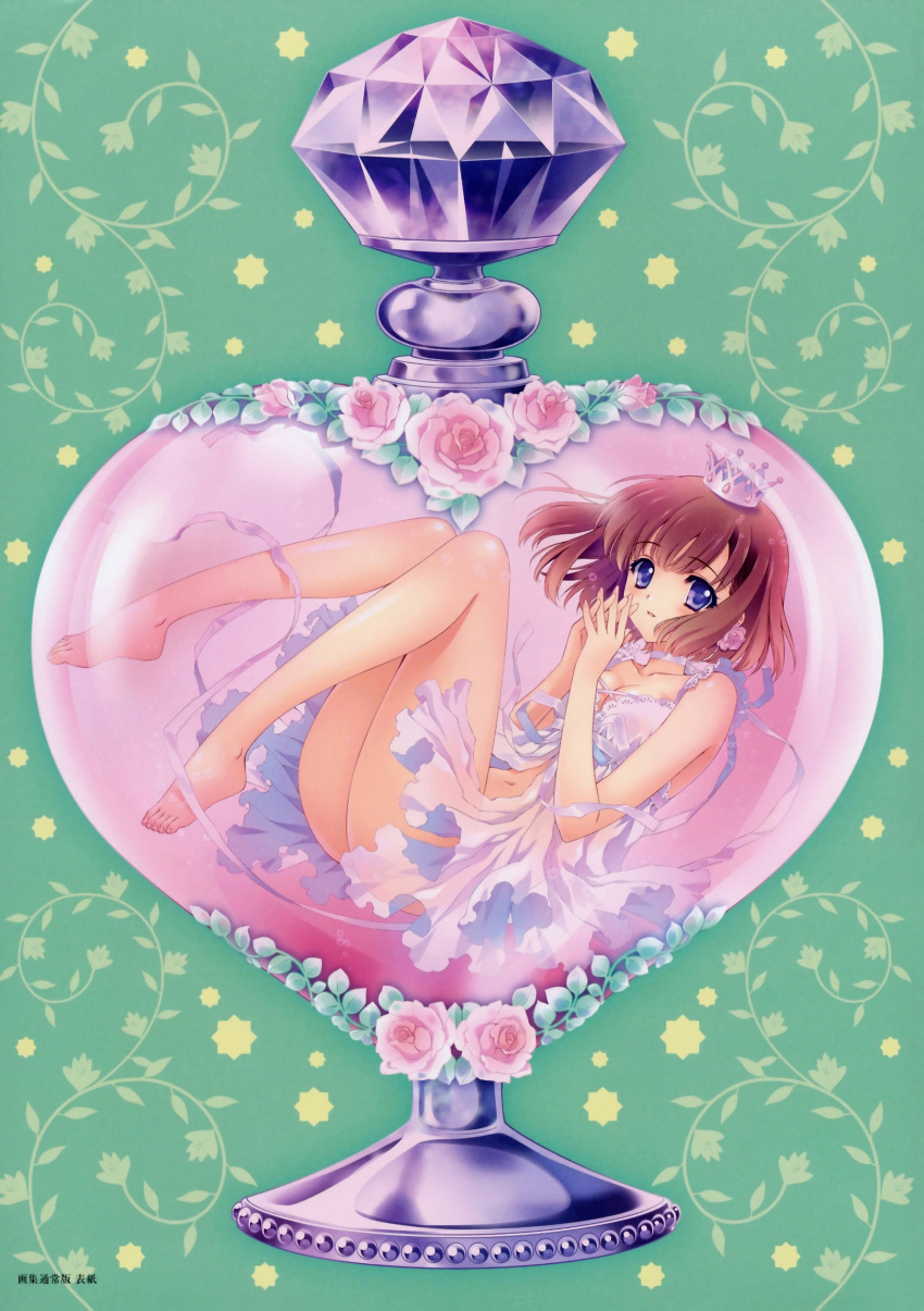 absurdres, babydoll, blue_eyes, bottle, breasts, brown_hair, carnelian, cleavage