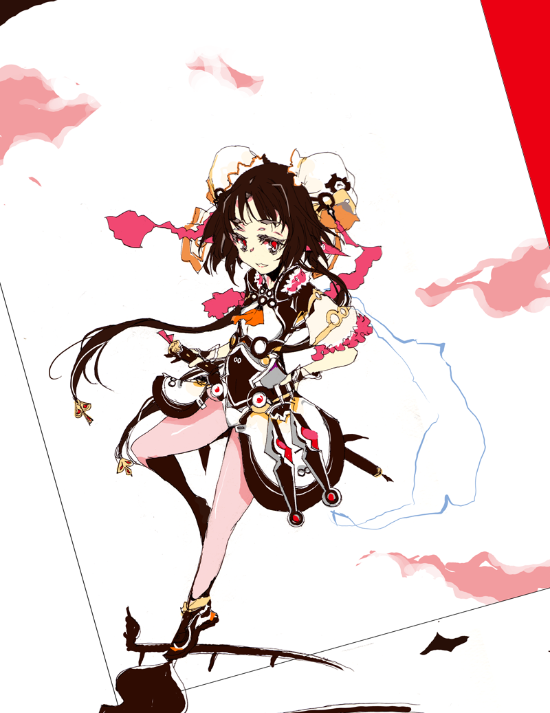 black_hair, bodysuit, flat_chest, hafuri, hair_bun, hair_ornament, kyoukai_senjou_no_horizon, minamoto_kurou_yoshitsune_(horizon)