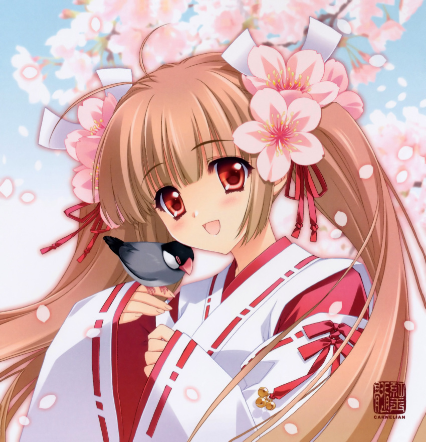 :d, absurdres, bird, bird_on_hand, brown_hair, carnelian, cherry_blossoms, copyright_request, finch, flower, flower_on_head, hair_flower, hair_ornament, highres, japanese_clothes, java_sparrow, miko, open_mouth, red_eyes, smile, twintails