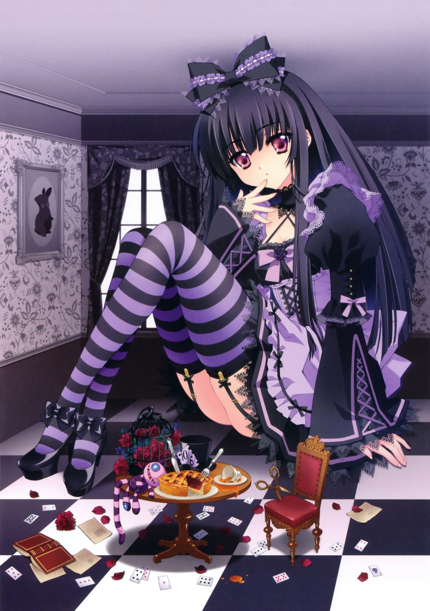 absurdres, alice_(wonderland), alice_in_wonderland, alternate_costume, alternate_hair_color, black_hair, book, bow