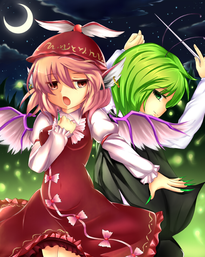 :o, animal_ears, antennae, cape, claws, conductor, crescent_moon, dress