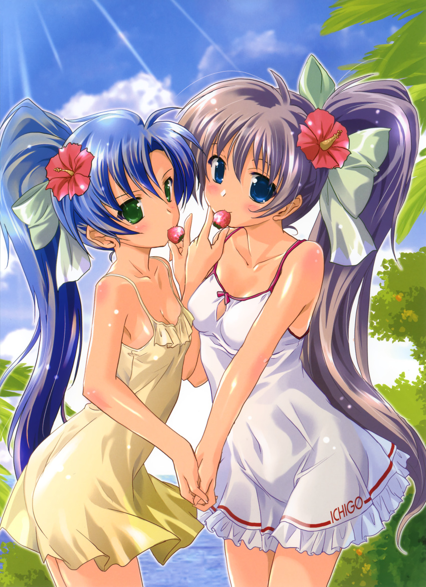 absurdres, black_hair, blue_eyes, blue_hair, bow, camisole, copyright_request, flower