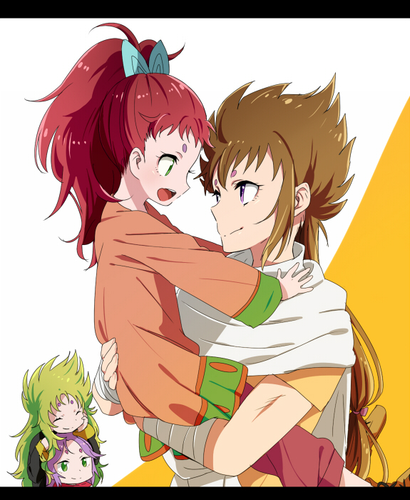 3boys, aries_mu, aries_shion, blonde_hair, brown_hair, carrying, green_eyes, kiki_(saint_seiya)