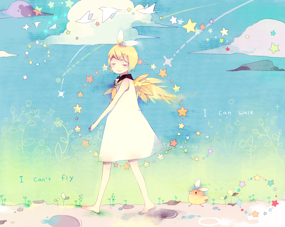 bird, blonde_hair, closed_eyes, hair_ornament, hair_ribbon, hairclip, kagamine_rin, mig_(36th_underground), ribbon, short_hair, smile, soratobazu_(vocaloid), star, vocaloid, wings