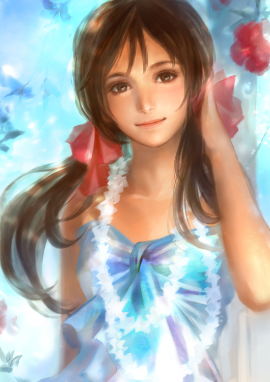 axis_powers_hetalia, bare_shoulders, black_hair, brown_eyes, brown_hair, character_request, dark_skin, dress, flower, hair_ribbon, head_tilt, long_hair, looking_at_viewer, lotus_(elico), lotus_(pixiv), realistic, ribbon, seychelles_(hetalia), sleeveless, smile, solo, twintails