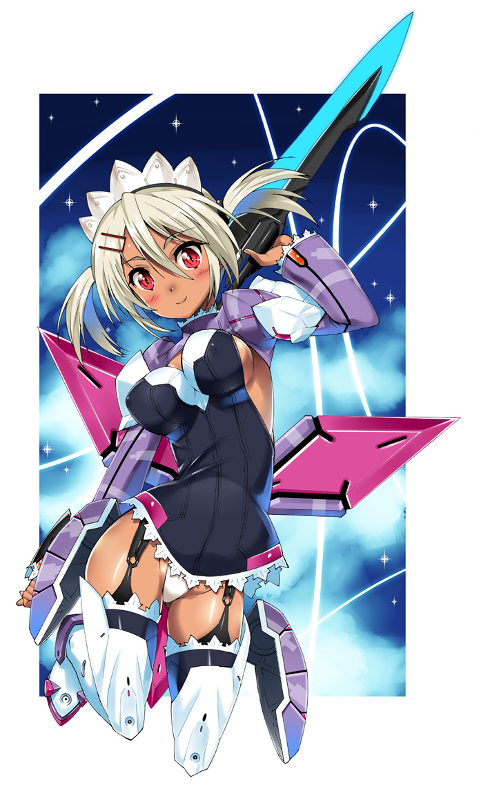 boots, breasts, candy_crown, dark_skin, energy_weapon, garter_straps, grey_hair, hair_between_eyes