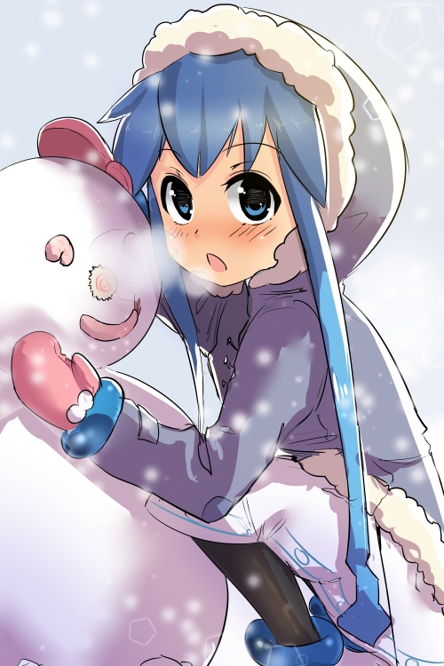 black_legwear, blue_eyes, blue_hair, blush, crab_stick, hood, ikamusume, long_hair