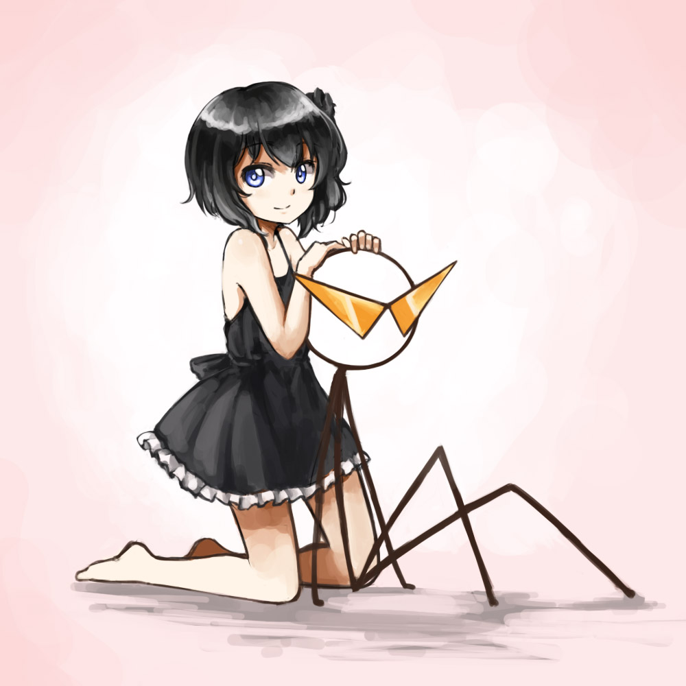 bare_legs, bare_shoulders, barefoot, black_dress, black_hair, blue_eyes, dress, frilled_dress
