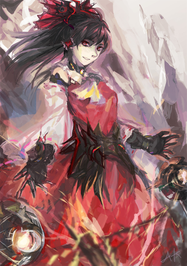 alternate_costume, armor, ascot, black_hair, gloves, hair_tubes, hakurei_reimu, looking_at_viewer