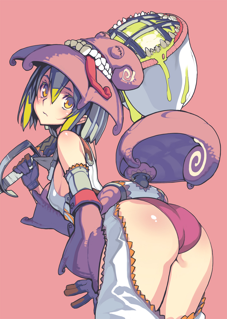 ass, bare_shoulders, black_gloves, brown_eyes, chameleos_(armor), erect_nipples, gloves, grey_hair, hat, leaning_forward, looking_at_viewer, mizuha_armor, monster_hunter, no_bra, sasaoka_gungu, short_hair, simple_background, slime, solo, weapon, wedgie