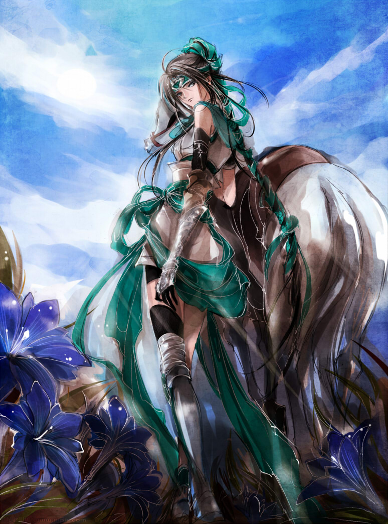 armor, black_hair, braid, genderswap, hair_ribbon, headband, horse, long_hair