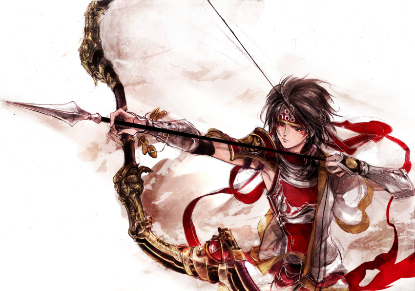 arrow, bow_(weapon), brown_eyes, brown_hair, genderswap, headband, highres, noudondon