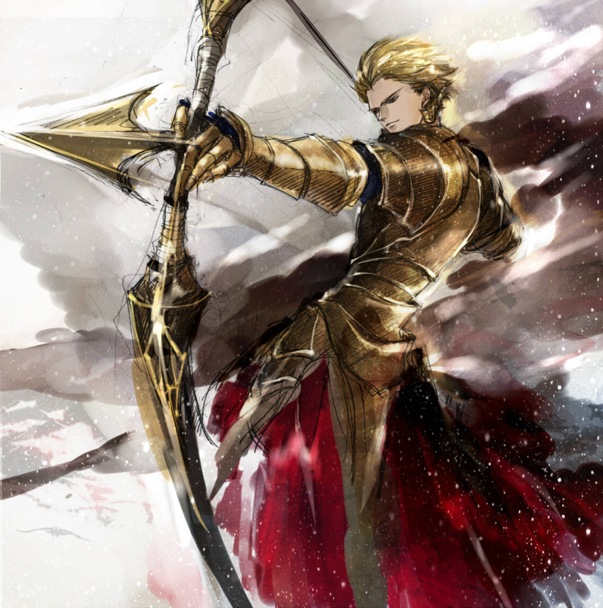 arrow, blonde_hair, bow_(weapon), fate/stay_night, fate_(series), gilgamesh, noudondon, red_eyes, sketch, solo, weapon