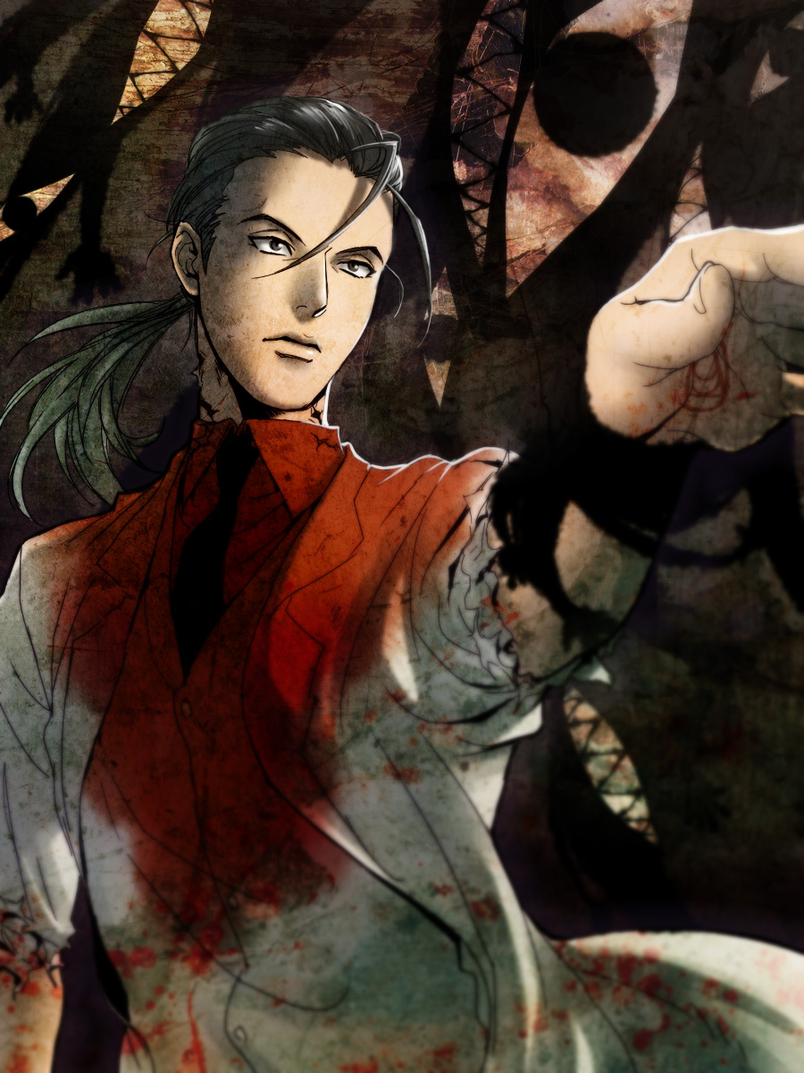 black_eyes, black_hair, blood, formal, fullmetal_alchemist, highres, male, necktie, ponytail, solf_j_kimblee, solo, squip, suit, white_suit