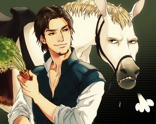 brown_eyes, brown_hair, carrot, disney, facial_hair, flynn_rider, horse, maximum_(tangled), maximus_(tangled), rapunzel_(disney), squip, stubble, tangled, tangled_(film)