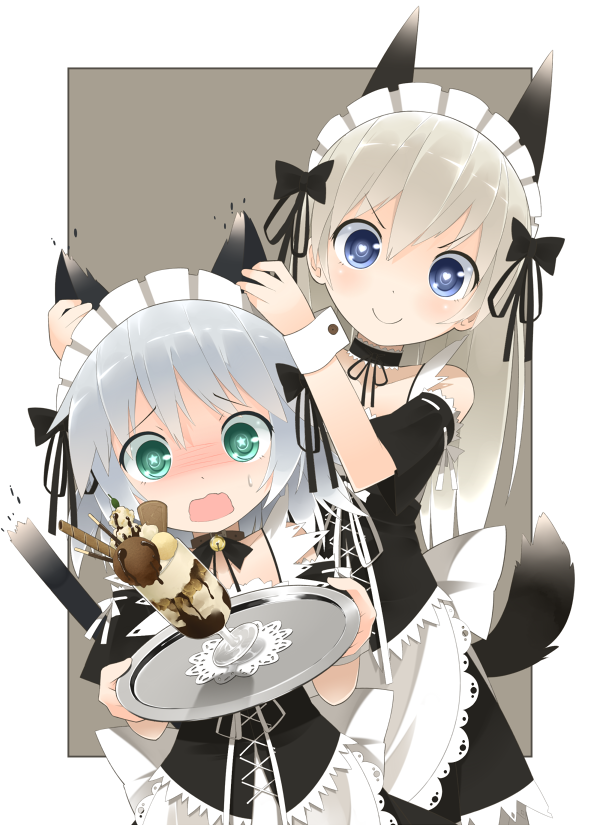 animal_ears, blonde_hair, blue_eyes, blush, choker, eila_ilmatar_juutilainen, enmaided, food