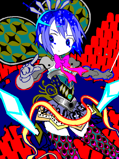 adapted_costume, blue_eyes, blue_hair, fusion, gun_tsukasa, mahou_shoujo_madoka_magica, miki_sayaka, oktavia_von_seckendorff