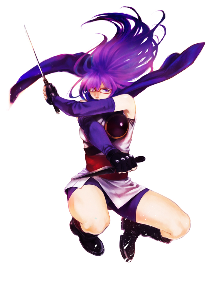 9go, boots, detached_sleeves, dual_wielding, fingerless_gloves, gintama, glasses, gloves, hair_over_one_eye, kunai, kyuugou_(ninekoks), long_hair, purple_eyes, purple_hair, red-framed_glasses, sarutobi_ayame, scarf, simple_background, solo, violet_eyes, wakizashi, weapon