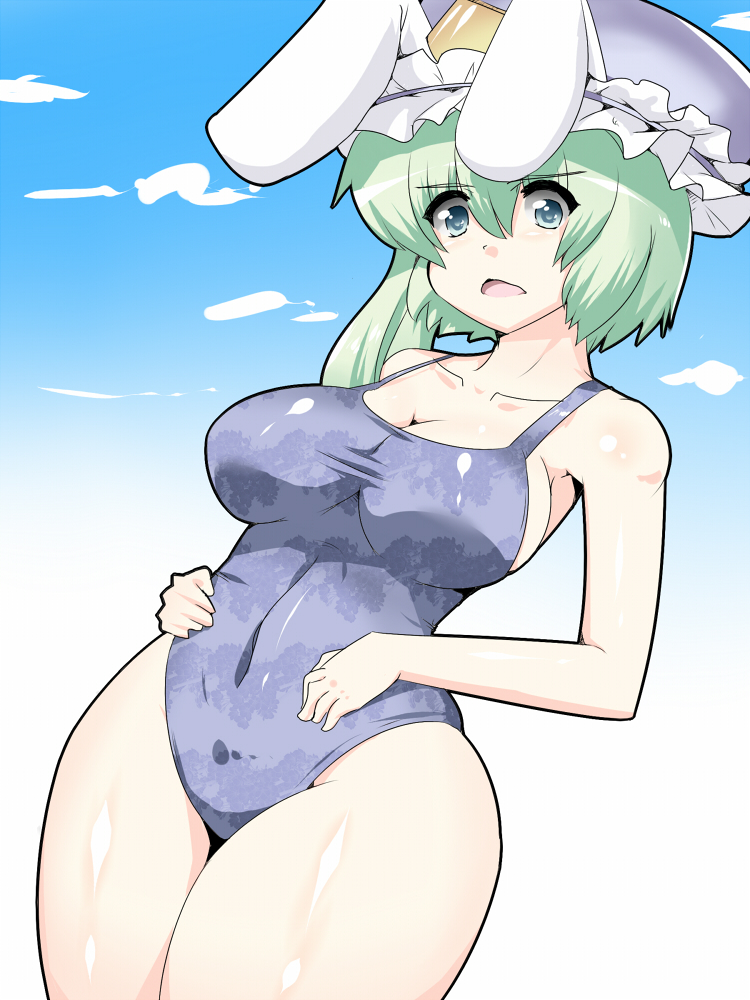 animal_ears, breasts, bunny_ears, cleavage, cloud, clouds, fake_animal_ears, green_eyes