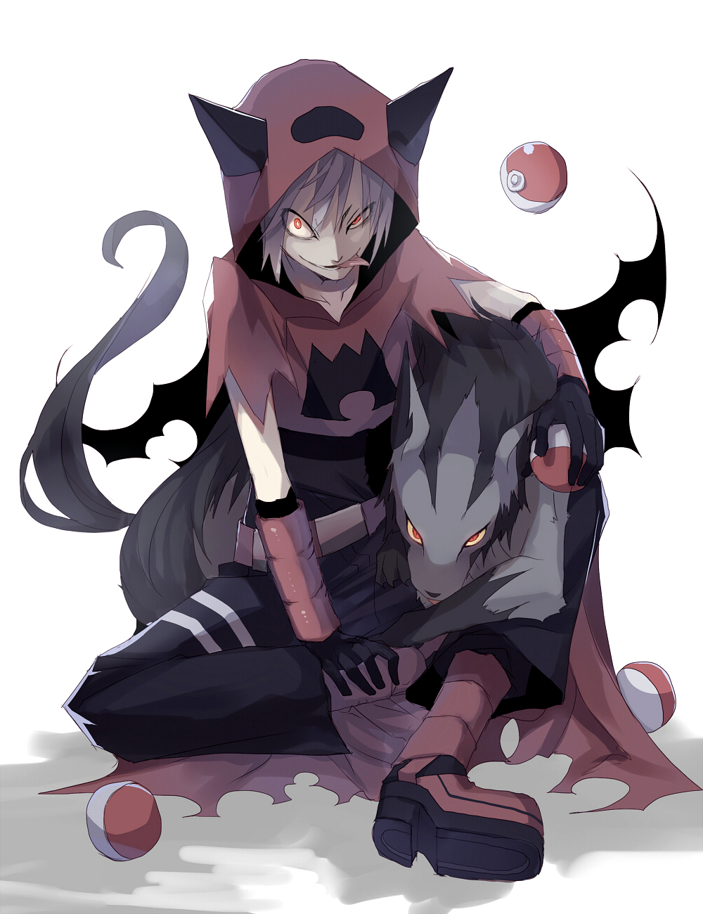 cape, creepy, dark, evil_smile, gloves, highres, homura_(pokemon), kyousuke_(pixiv537612), mightyena, poke_ball, pokemon, pokemon_(game), pokemon_rse, purple_hair, red_eyes, simple_background, sitting, smile, team_magma, tongue, uniform
