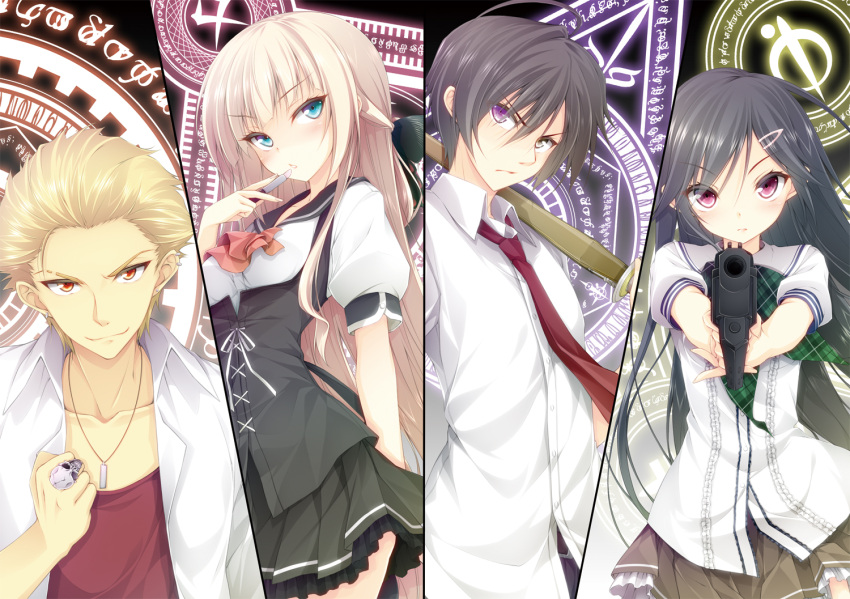 2girls, aiba_mui, black_hair, blonde_hair, bokken, dress_shirt, gun, heterochromia