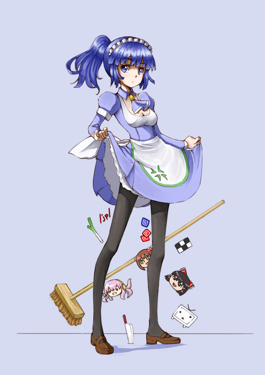 1girl, 4chan, black_legwear, blue_eyes, blue_hair, breasts, cleaning_brush, cleavage