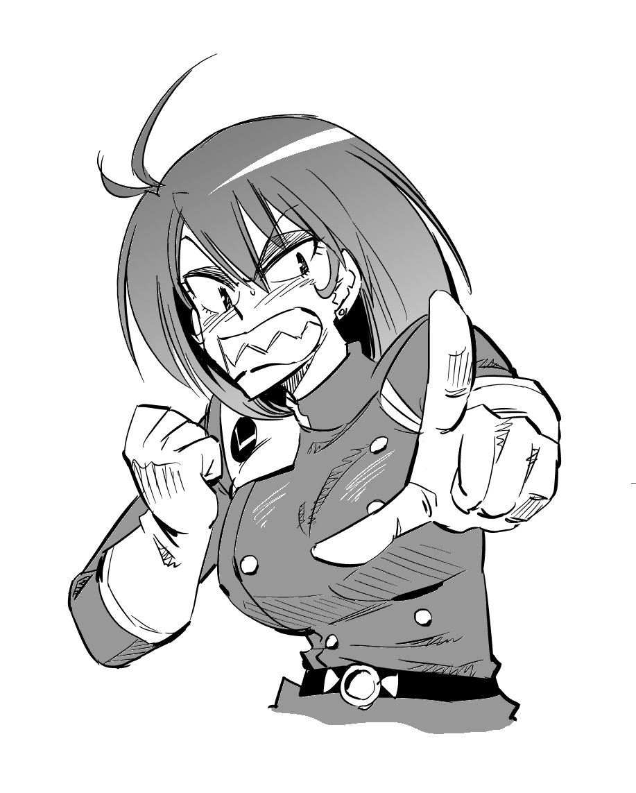 1girl, abemorioka, ahoge, belt, blush, clenched_teeth, earrings, fushigi_no_umi_no_nadia, gloves, grandis_granva, jewelry, monochrome, pointing, sharp_teeth, short_hair, solo