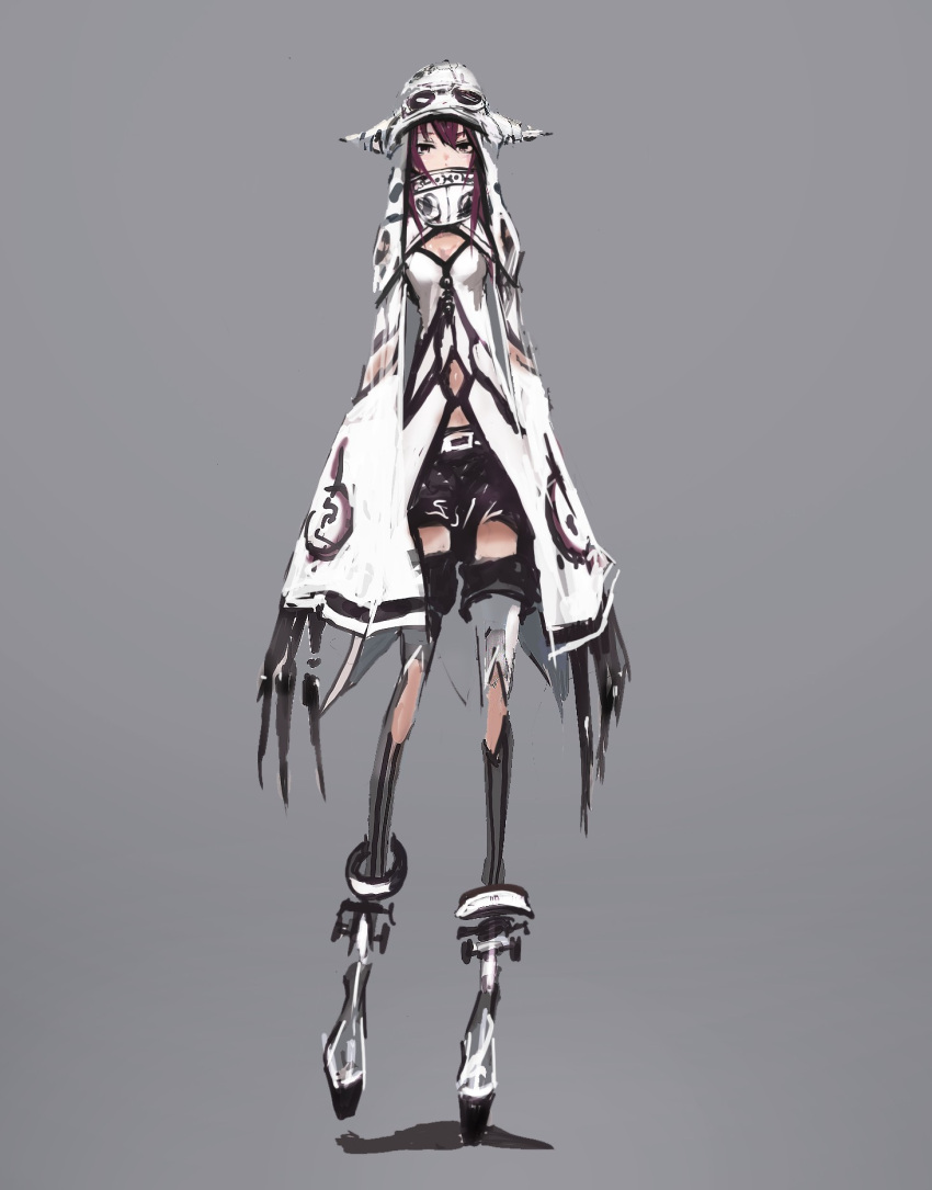 android, claws, grey_background, highres, hood, looking_at_viewer, original, red_hair