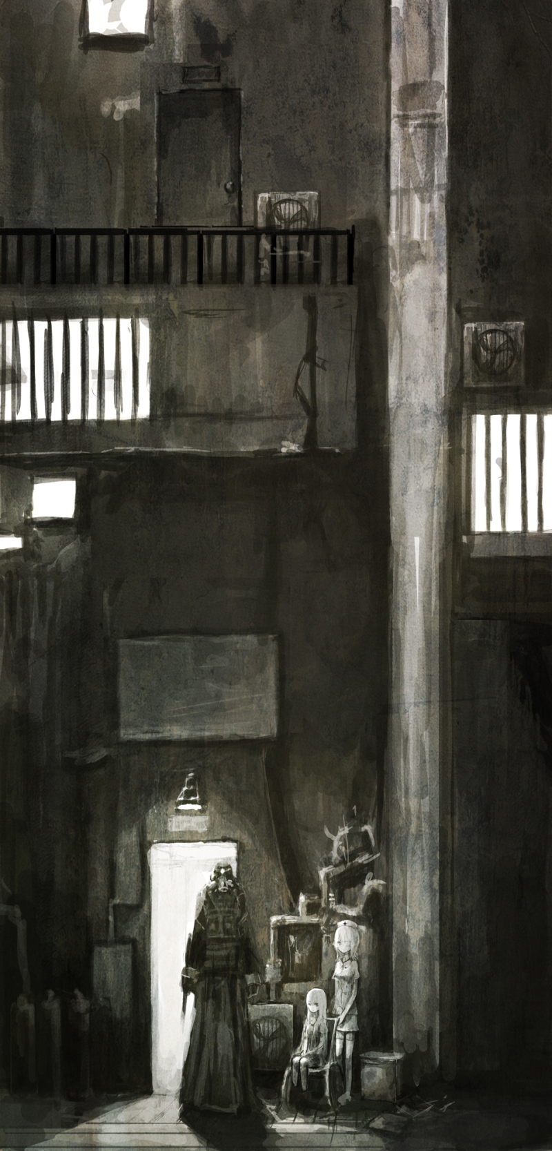 6th_gate, chair, door, highres, long_hair, monochrome, multiple_girls, original