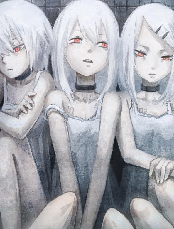 bare_shoulders, collar, hair_ornament, hairclip, multiple_girls, original, red_eyes, short_hair