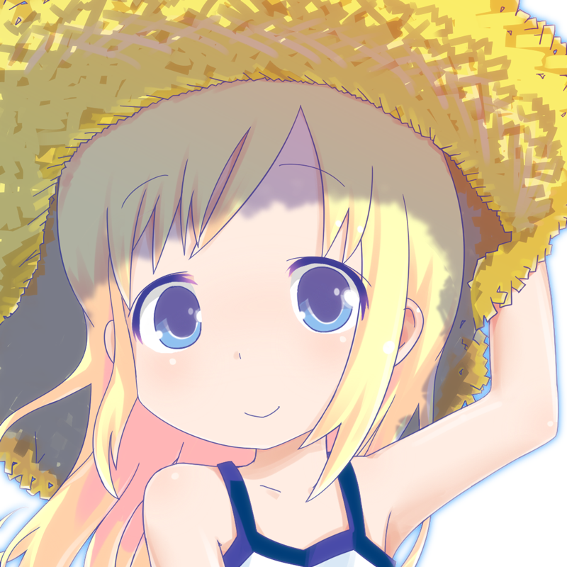 blonde_hair, blue_eyes, face, hat, ichigo_mashimaro, kurabayashi_aya, long_hair, straw_hat