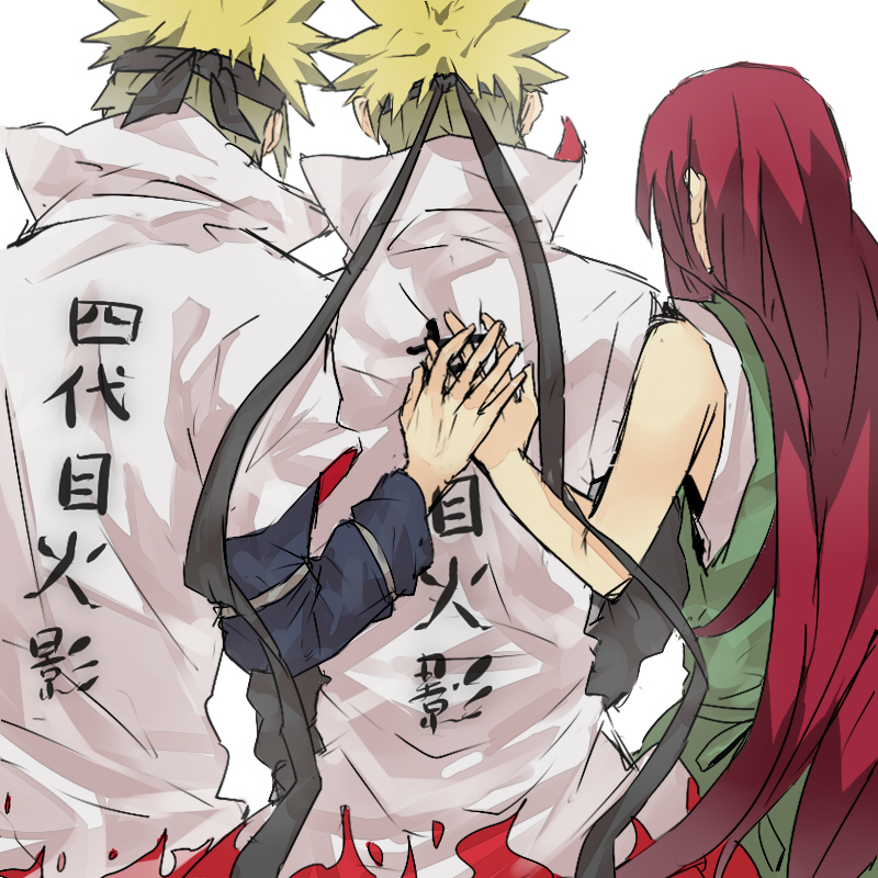 2boys, blonde_hair, clothes_writing, family, father_and_son, from_behind, husband_and_wife, long_hair, lovemaronmeru0827, mother_and_son, multiple_boys, namikaze_minato, naruto, red_hair, redhead, short_hair, spiked_hair, spiky_hair, uzumaki_kushina, uzumaki_naruto, very_long_hair