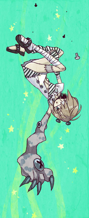 ahoge, aqua_eyes, bandage, bandages, brown_hair, claws, eyepatch, franken