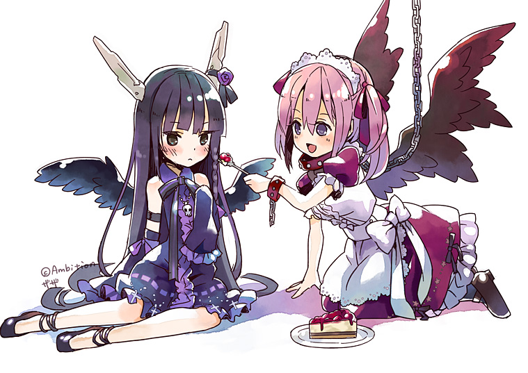 angel_wings, black_hair, blush, chain, chains, cross, cuffs, dress