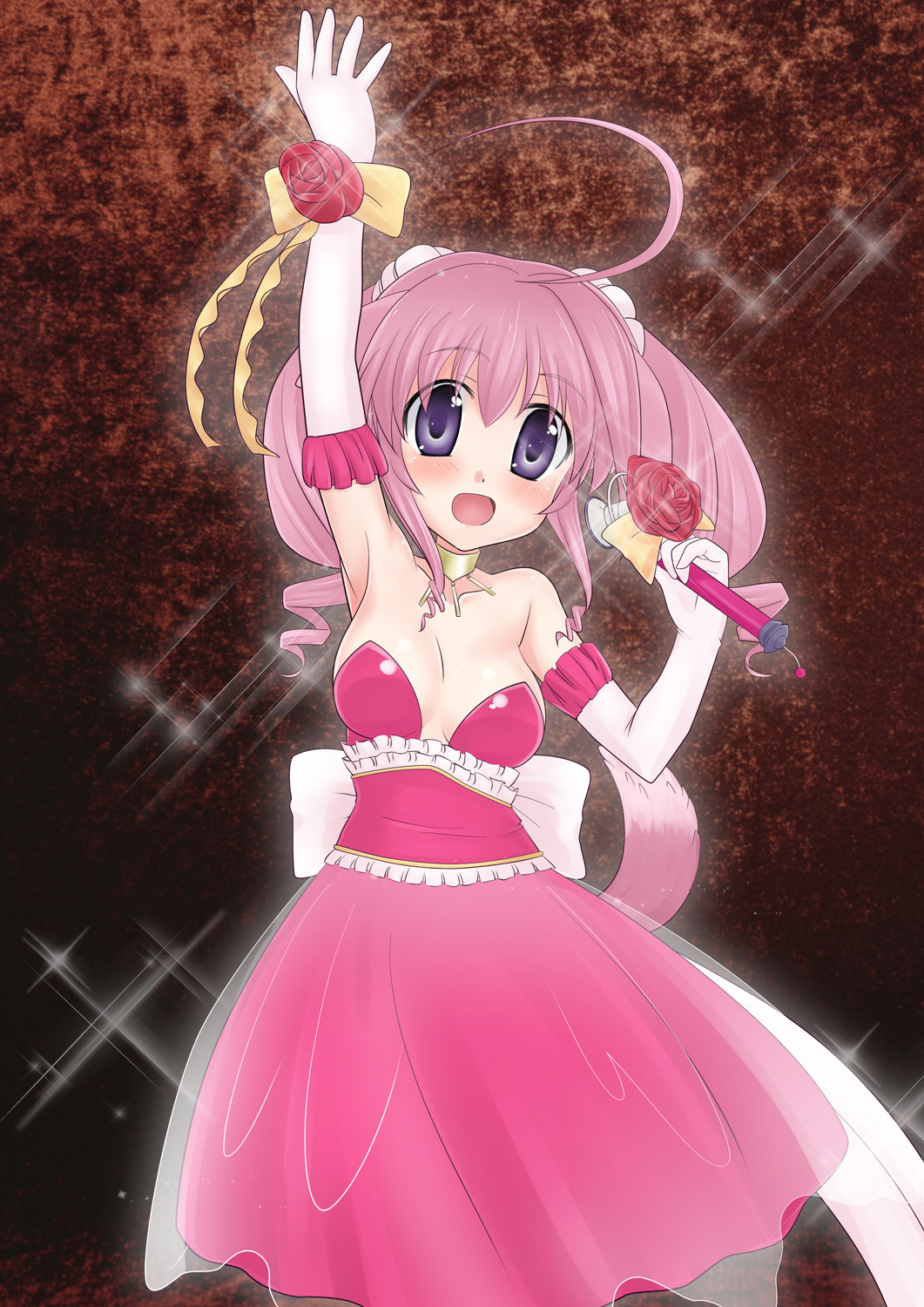 ahoge, arm_up, armpits, blush, bow, breasts, cleavage, dog_days