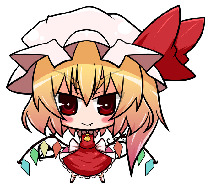 amagiku, ascot, blonde_hair, blush, crystal, fang, flandre_scarlet, hat