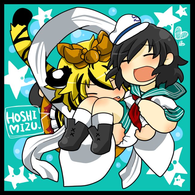 animal_ears, black_hair, blonde_hair, blush, carrying, closed_eyes, eyes_closed, hair_ornament