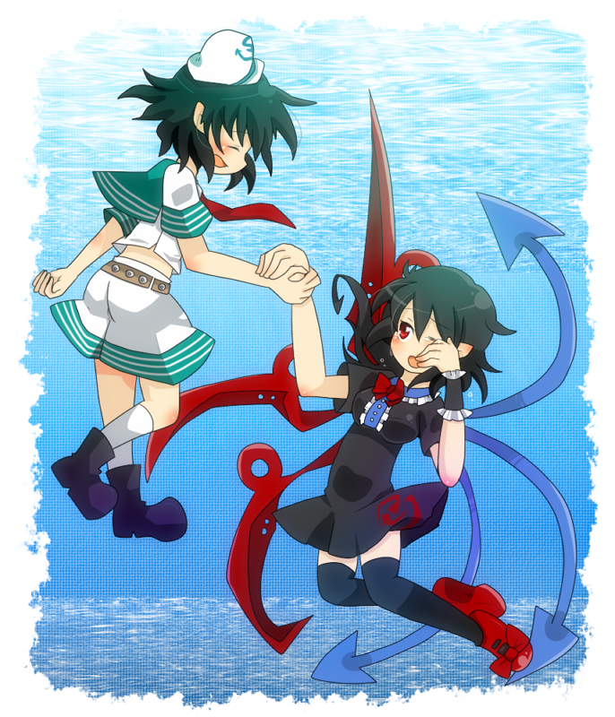 asymmetrical_wings, black_hair, black_legwear, blush, bow, closed_eyes, eyes_closed, hand_holding