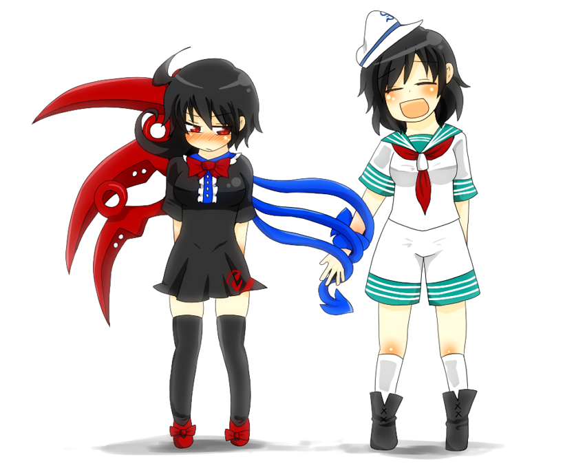 2girls, asymmetrical_wings, black_hair, black_legwear, blush, bow, closed_eyes, cross-laced_footwear