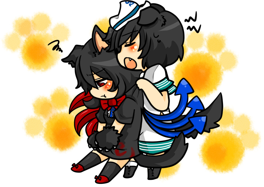 :t, animal_ears, asymmetrical_wings, black_hair, blush, bow, cat_ears, cat_paw