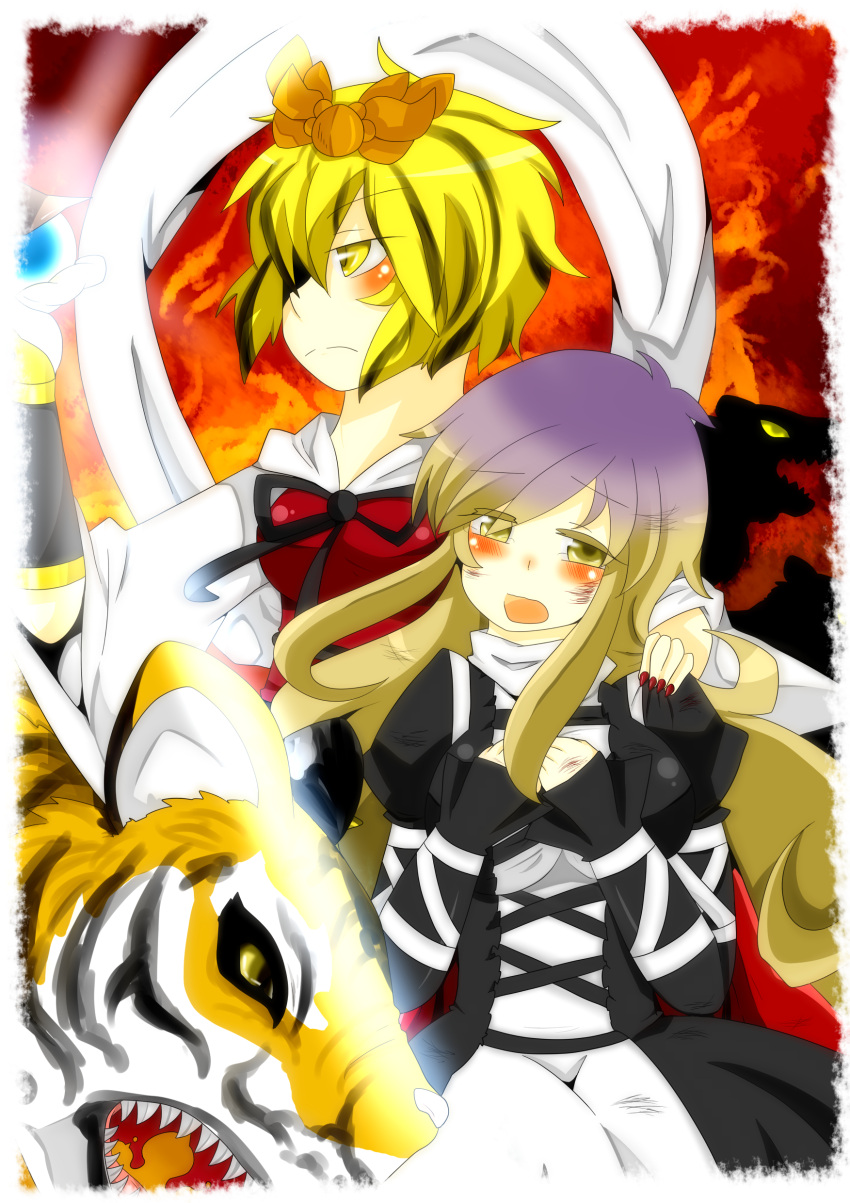 2girls, animal, black_hair, blonde_hair, blush, gradient_hair, hair_ornament, hijiri_byakuren
