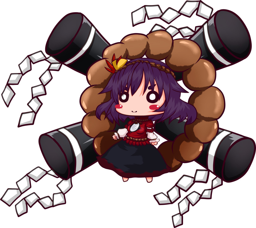 amagiku, blush_stickers, chibi, hair_ornament, highres, leaf, long_sleeves, maple_leaf, mirror, onbashira, puffy_sleeves, purple_hair, rope, shimenawa, skirt, smile, solo, touhou, yasaka_kanako