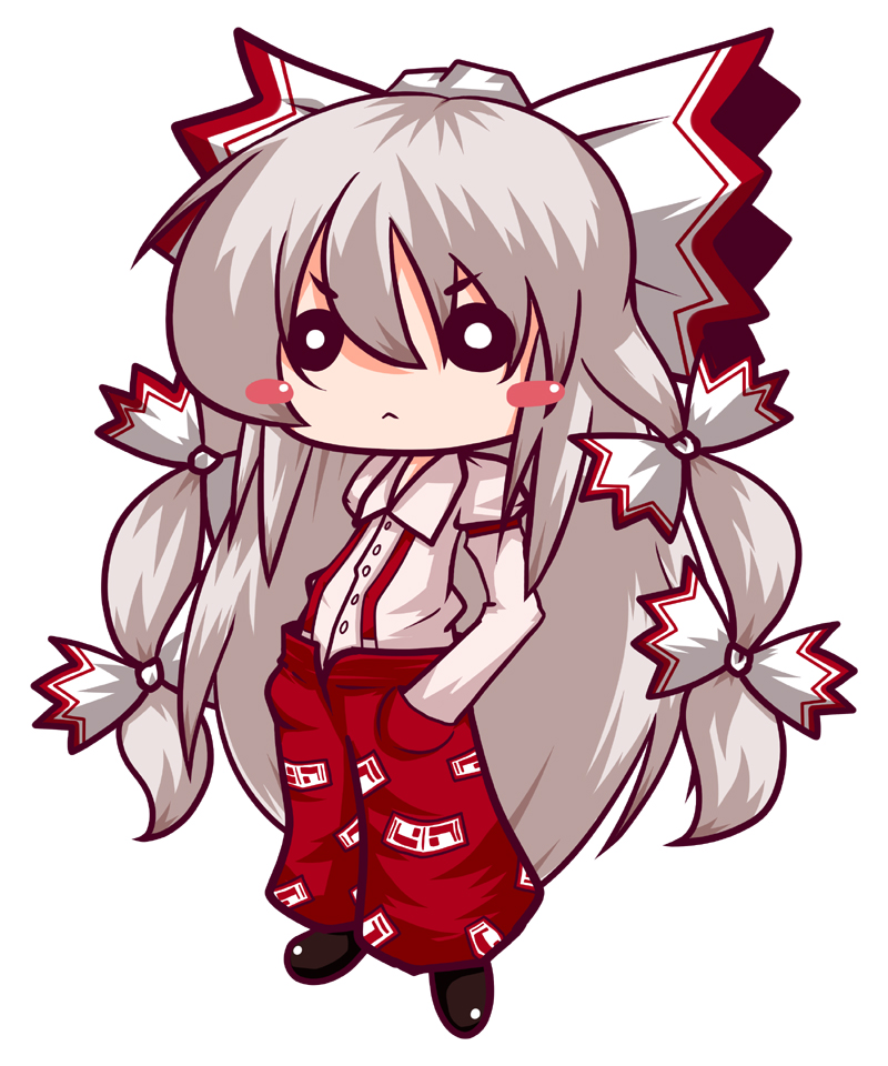 amagiku, blush_stickers, bow, fujiwara_no_mokou, hair_bow, long_hair, long_sleeves, pants