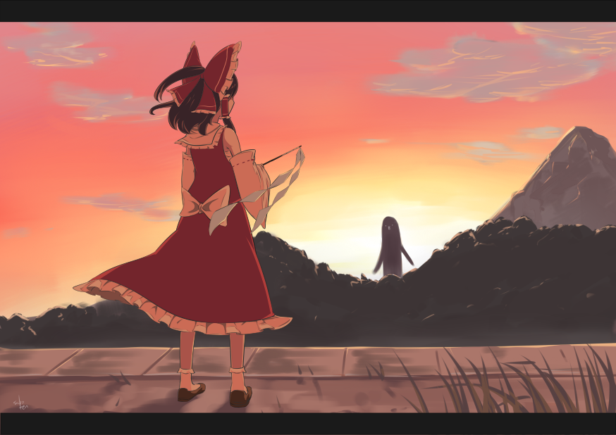 bow, cloud, clouds, creature, evening, from_behind, full_body, gohei, hair_bow, hakurei_reimu, letterboxed, mountain, saboten_(tokisabo), short_hair, signature, silhouette, sky, solo, standing, sunset, touhou, twilight