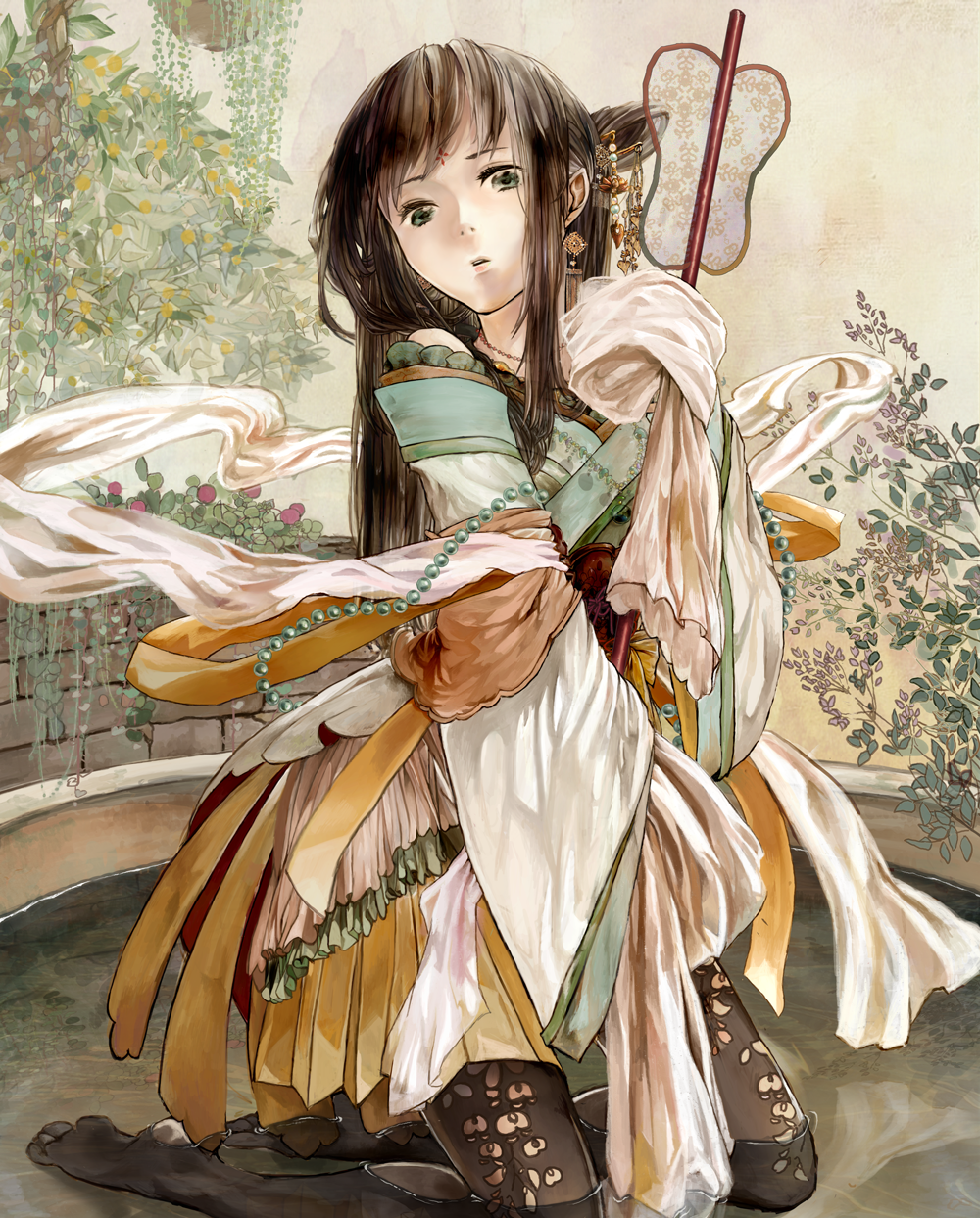 bare_shoulders, beads, black_legwear, brown_hair, character_request, chinese_clothes, diao_chan, fan