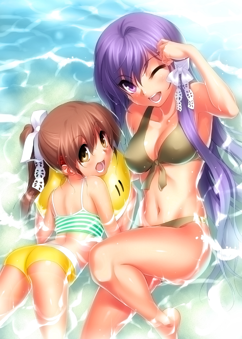 2girls, ass, back, barefoot, bent_knee, bikini, breasts, brown_bikini, brown_eyes, brown_hair, child, clannad, cleavage, dango, front-tie_top, fujibayashi_kyou, highres, legs, long_hair, looking_at_viewer, looking_back, multiple_girls, navel, okazaki_ushio, open_mouth, partially_submerged, ponytail, purple_eyes, purple_hair, striped, violet_eyes, water, wet, wince, wink, zen